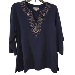 JM Collection Woman Navy Blue Embellished V Neck 3/4 Sleeve Tunic Top Plus Sz 1X